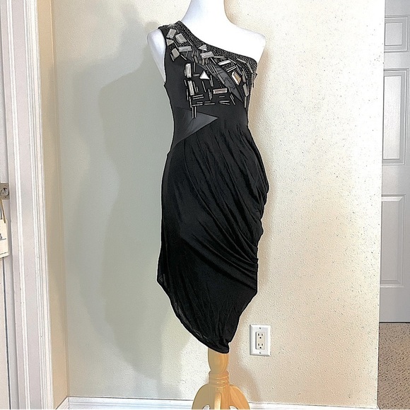 BEBE Y2K Sequins mesh illusion draped black midi dress bodycon women’s size XS - Picture 1 of 10